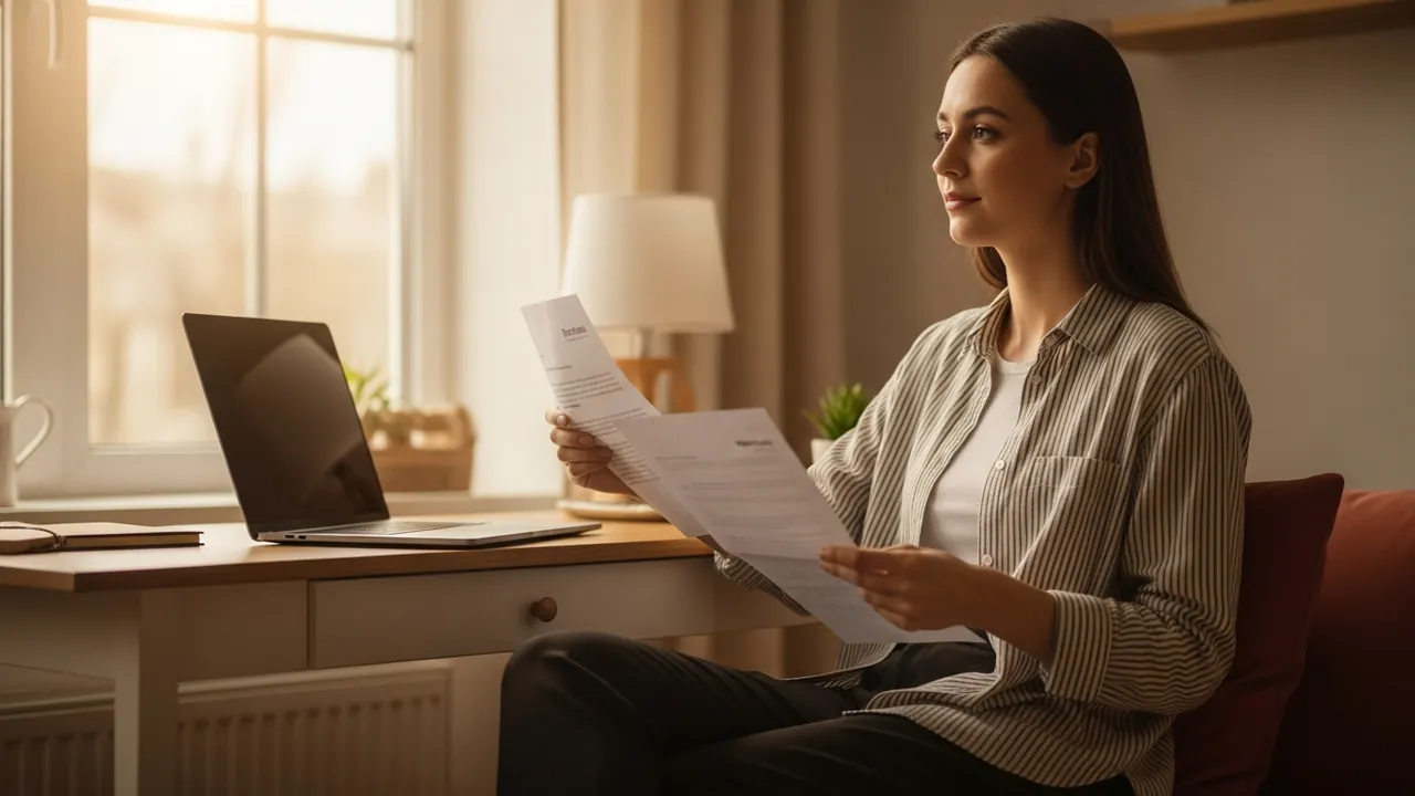 Personne assise près d'une fenêtre, ordinateur portable ouvert, tenant un courrier imprimé
