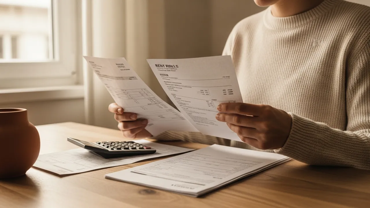 Locataire qui compare des factures de charges et un décompte de loyer à côté d'une calculette