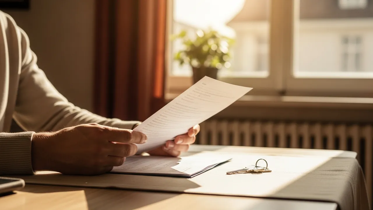 Mains tenant un document officiel près d'une fenêtre ensoleillée, trousseau de clés posé sur la table