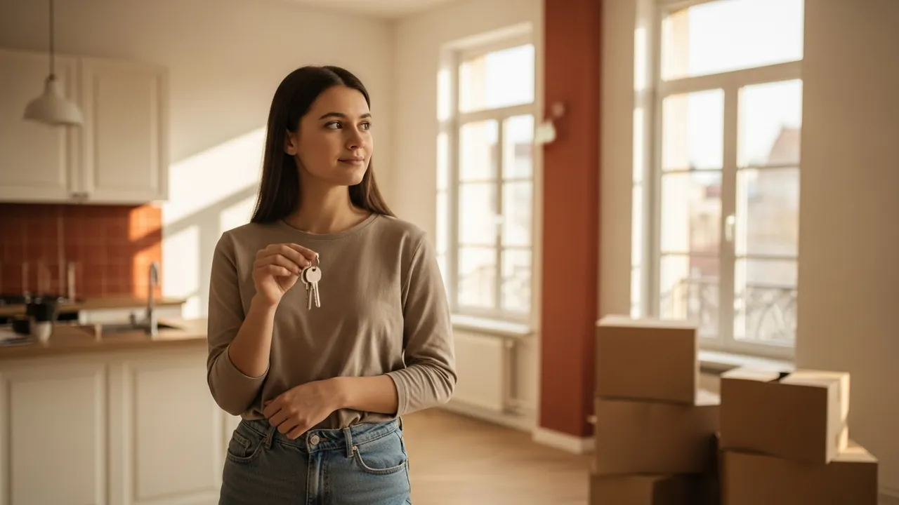 Nouvelle locataire tenant un trousseau de clés dans un appartement lumineux, cartons de déménagement en arrière-plan