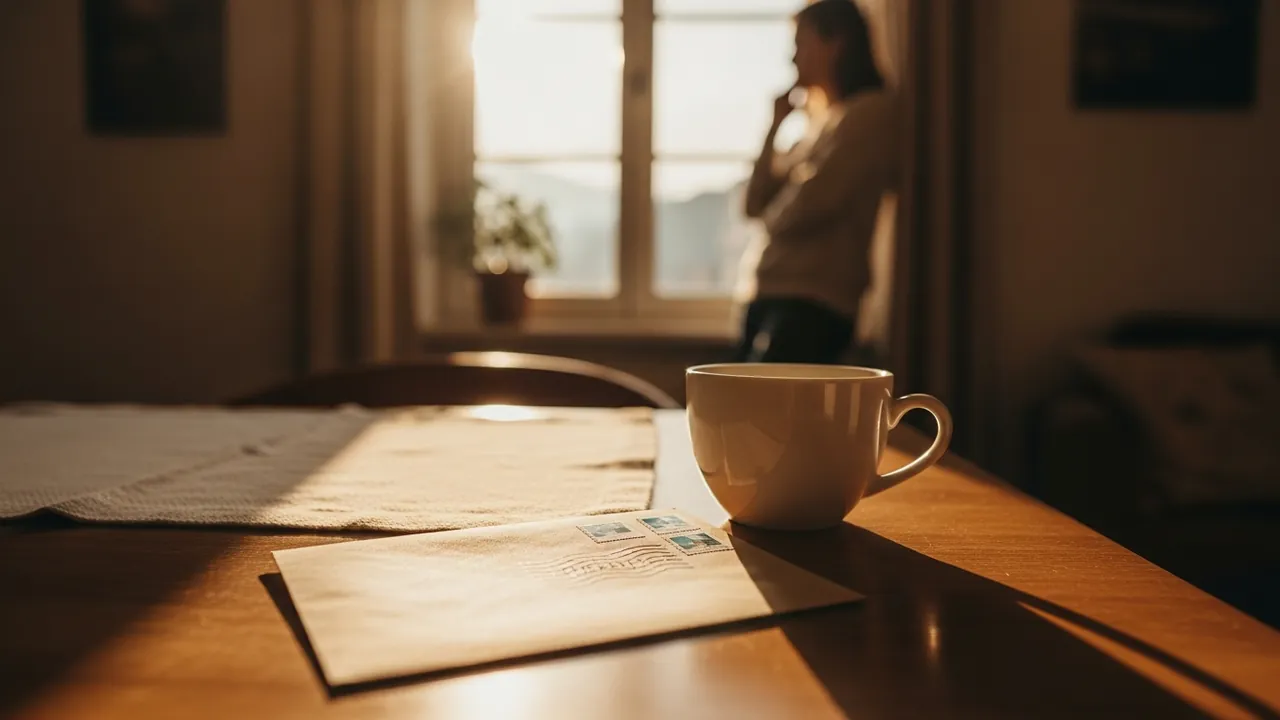 Enveloppe timbrée posée sur une table en bois, avec une silhouette pensive près d'une fenêtre en arrière-plan